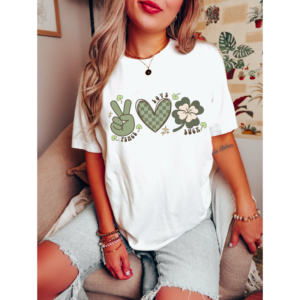 Peace Love Lucky Shirt, Shamrock Shirt, St. Patrick's Day Shirt, Irish Lucky Tee, Green St. Paddy's Day Tee, St. Patrick's Women Shirt.jpg