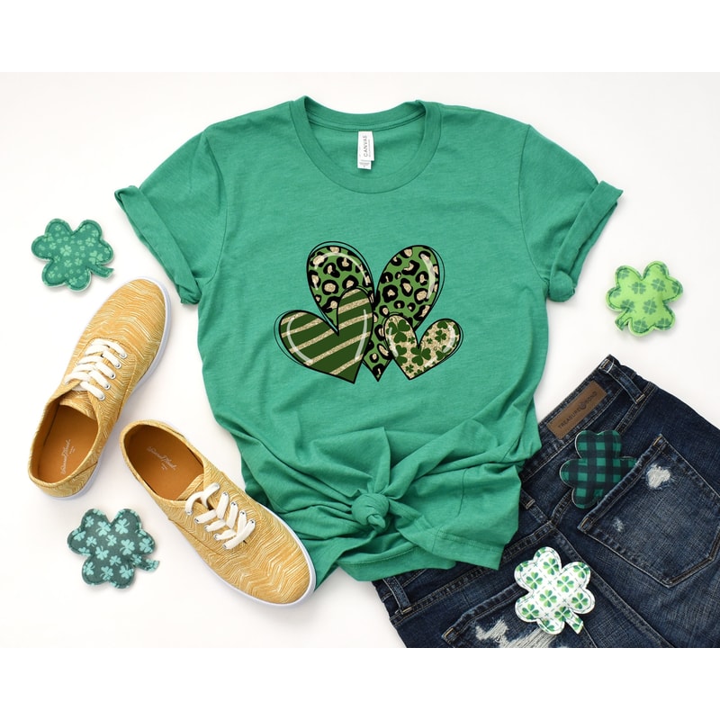 St. Patrick's Leopard Shamrock Hearts Shirt, Leopard Print Heart Design, Lucky Tshirt, Irish T Shirt, Shamrocks Shirt, St. Patricks Day Gift.jpg