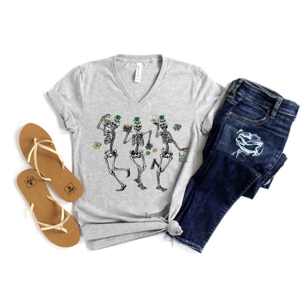 St. Patrick's Day V Neck Shirt  St. Patty's Skeleton Shirt  Happy St Pattys Dancing Skeleton Drinking Tee  Lucky Irish Shirt  11950.jpg