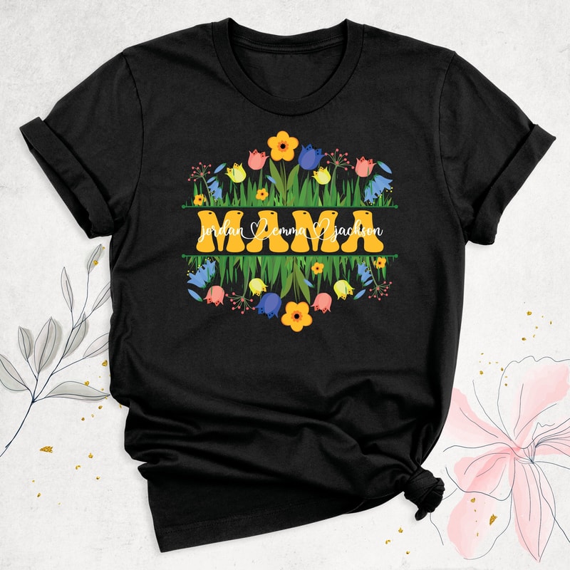 Mama Floral Shirt, Personalized Mom Shirt With Kids Names, Mothers Day Shirt, Mom Birthday Tee, Wild Flower Mommy Shirt, Custom Gift for Mom.jpg