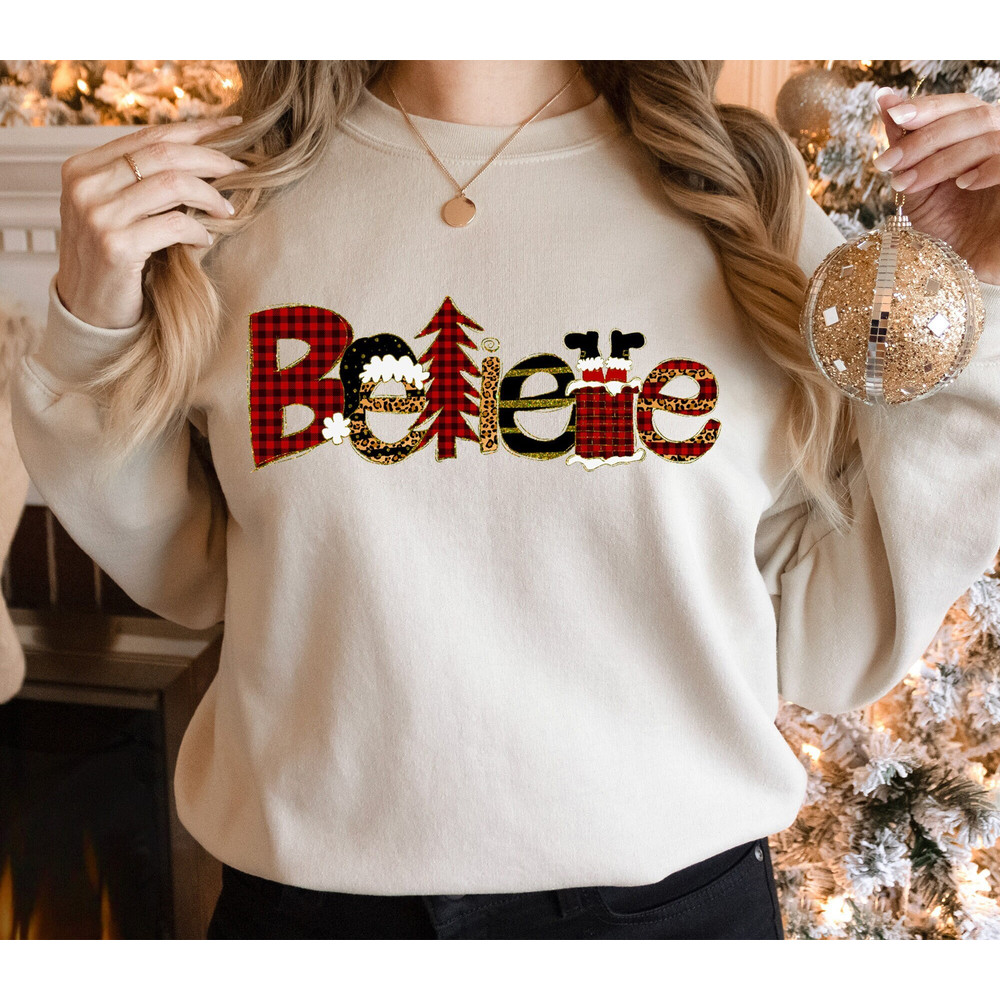 Believe Christmas Sweatshirt, Christmas Plaid Shirt, Xmas Buffalo Shirt, Santa Clause Shirt, Dear Santa Shirt, Leopard Christmas Shirt.jpg