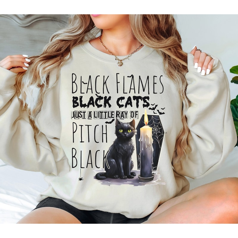 Black Flames Black Cat Sweatshirt, Halloween Witch Shirt, Spooky Season Shirt, Halloween Girl Shirt, Witch Mystical Shirt, Witchy Vibes Tee.jpg