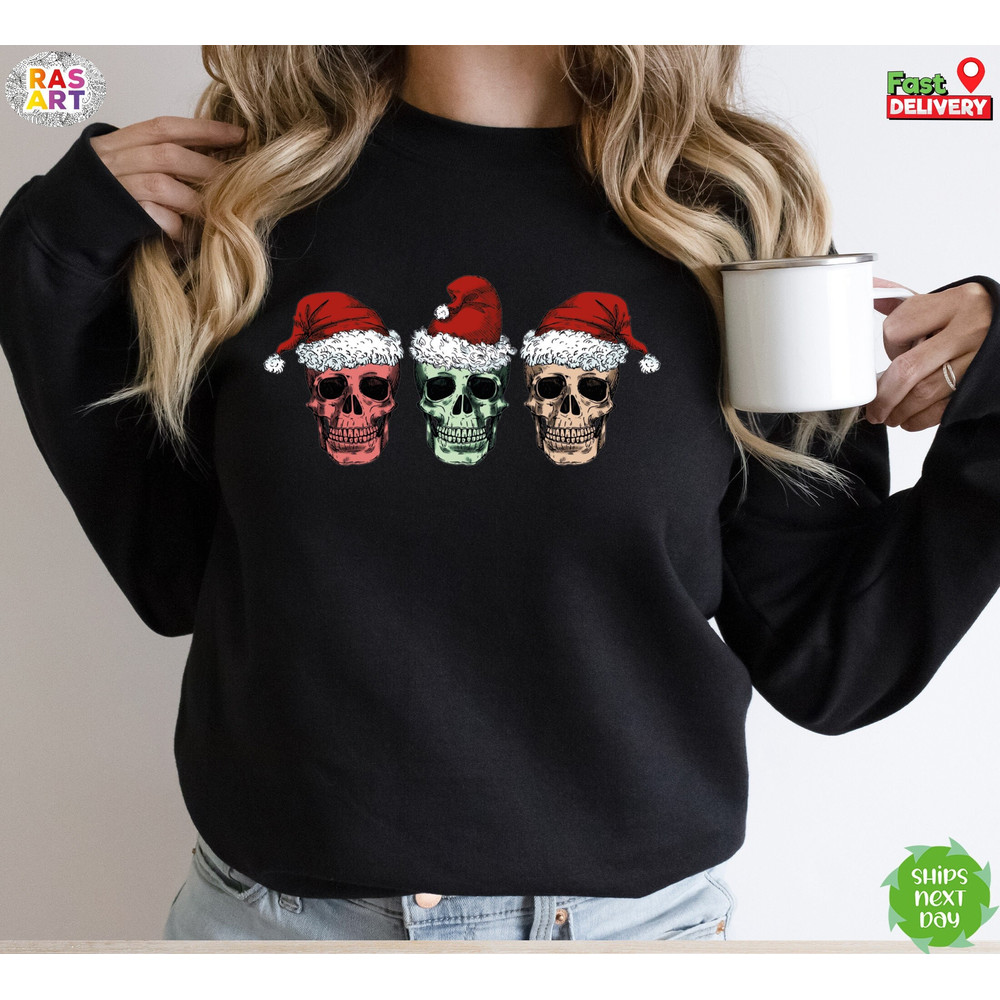 Christmas Skeleton Sweatshirt, Merry Christmas Skull Sweatshirt, Santa Hat Skeleton Christmas Shirt, Tis the Season Shirt, Holiday Xmas Tee.jpg