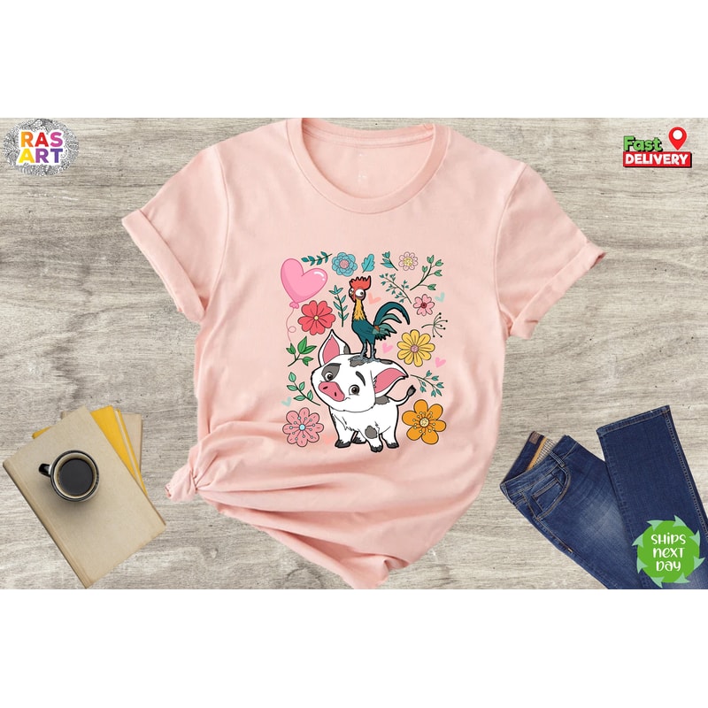 Disney Moana 70s Style Floral Pua And Hei Hei Shirt, Disney Moana Shirt, Family Vacation Shirt, Disney Moana Movie Shirt, Walt Disney World.jpg