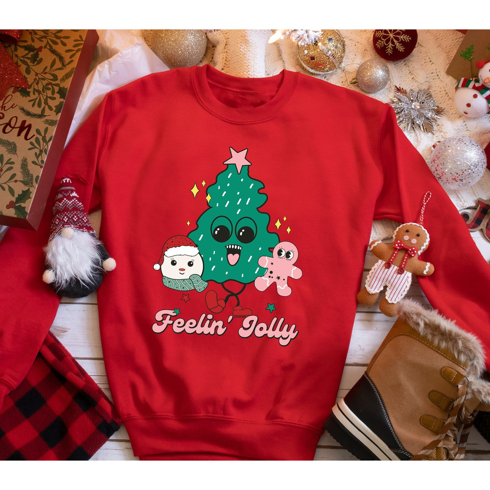 Feelin' Jolly Sweatshirt, Holly Jolly Vibes Shirt, Retro Merry Christmas Tree Shirt, Ugly Christmas Sweater, Holiday Xmas Shirt, Xmas Party.jpg