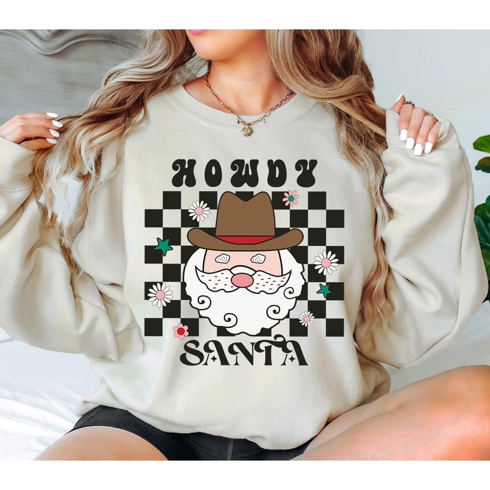 Howdy Santa Sweatshirt, Western Christmas Sweatshirt, Merry and Bright Shirt, Christmas Santa Shirt, Santa Squad Shirt, Santa Claus Shirt.jpg