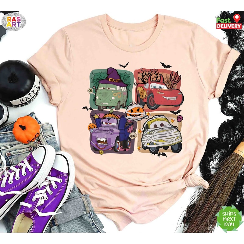 Retro Disney Cars Halloween Shirt, Disney Pixar Cars Happy Hallo-Wheel Trick Or Treat Shirt, Funny Spooky Cars Costume, Halloween Party Tee.jpg