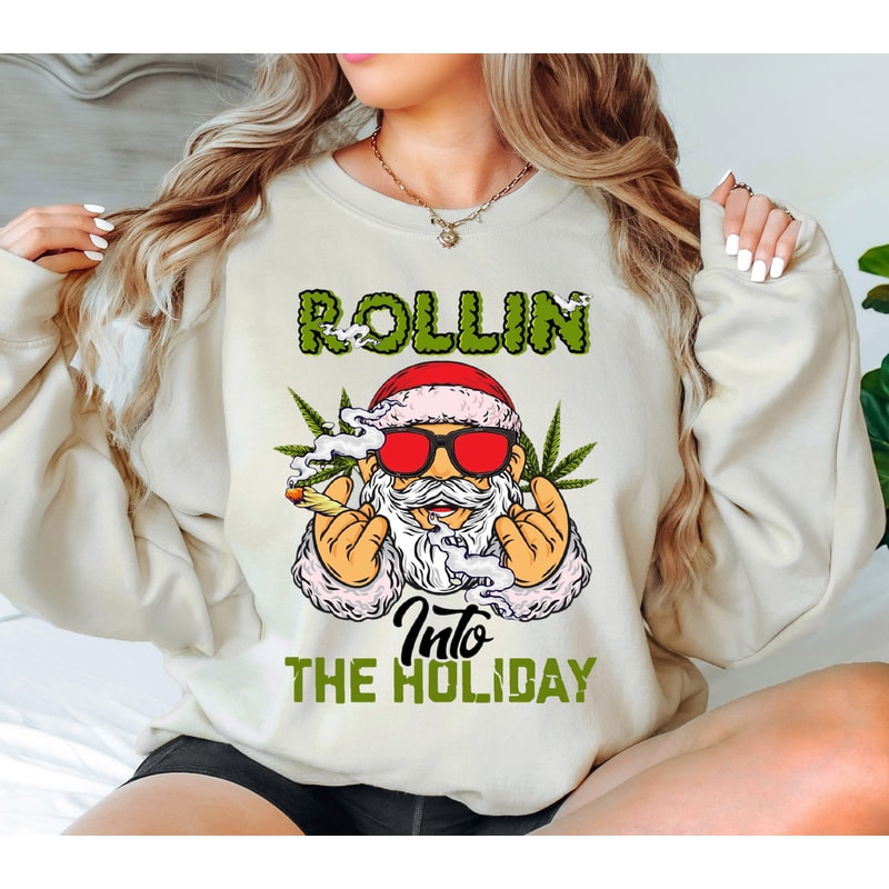 Rollin into the Holiday Santa Sweatshirt, Smoker Santa Shirt, Groovy Hippie Santa Shirt, Christmas Santa Squad Shirt, Santa Claus Shirt.jpg