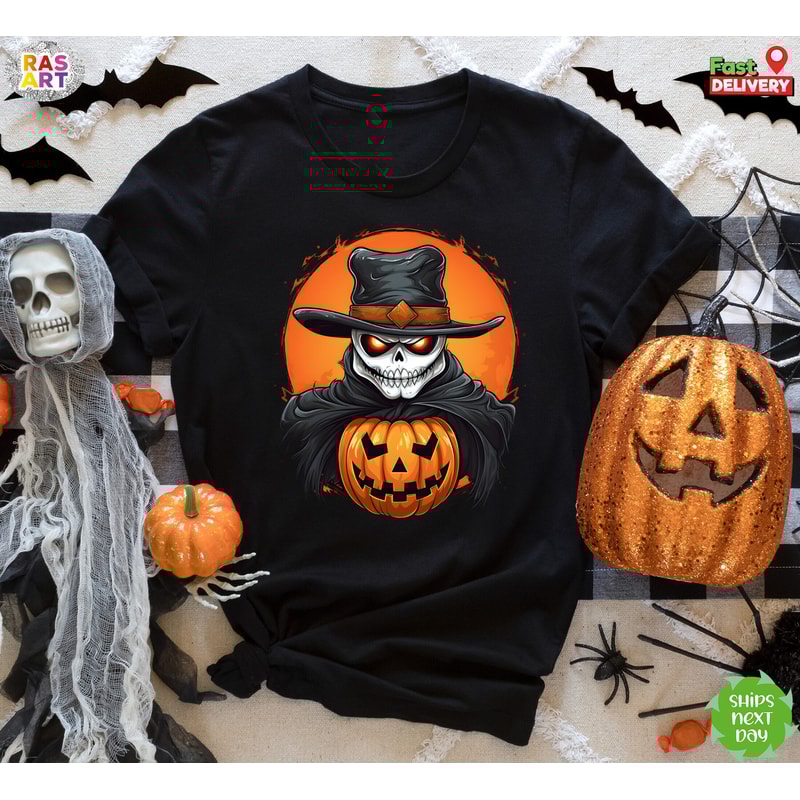 Skeleton Halloween Shirt, Skull Halloween Shirt, Pumpkin Shirt, Spooky Season Shirt, Western Halloween Shirt, Halloween Party Shirt.jpg
