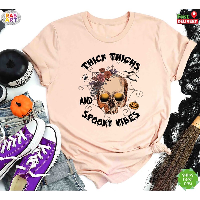 Thick Thighs and Spooky Vibes Shirt, Halloween Vibes Shirt, Skeleton Halloween Shirt, Fall Vibes Tee, Halloween Party Tee, Spooky Season Tee.jpg