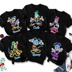 custom disney neon light shirts, custom disney family 2024 shirts, mickey neon light shirts, mickey and friends shirt,