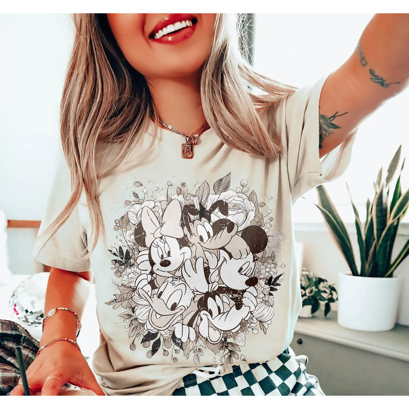 Retro Disney Floral Mickey And Friends Shirt, Disney Flower Shirt, Women's Disney Shirt, Floral Women's Shirt, WDW Disneyland Girl Trip Tee 1.jpg