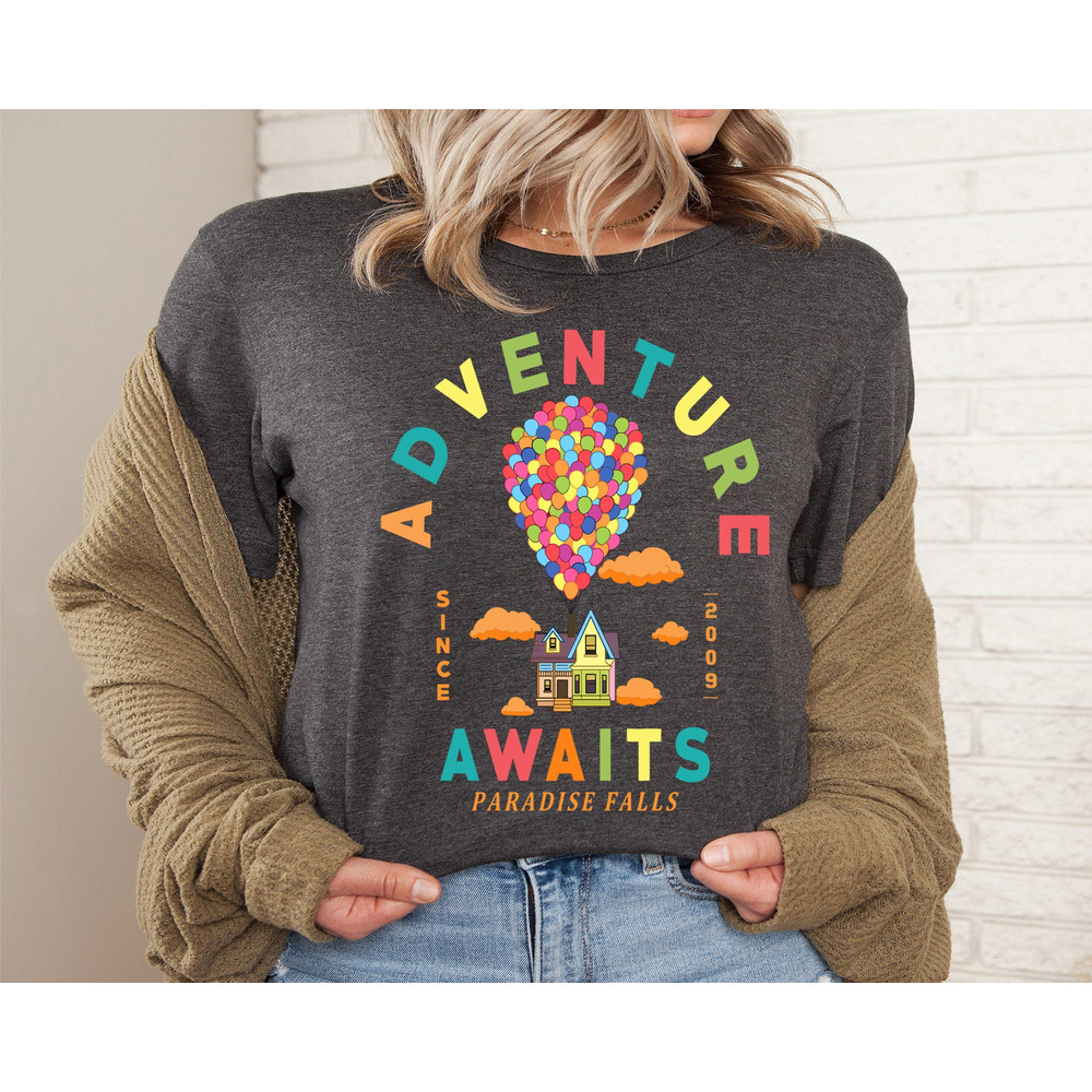 Disney Pixar Up Shirt, A World Of Adventure Awaits Rainbow Balloons Tee, Disneyland Vacation Trip, Disney Up Movie Shirt, Paradise Falls Tee.jpg