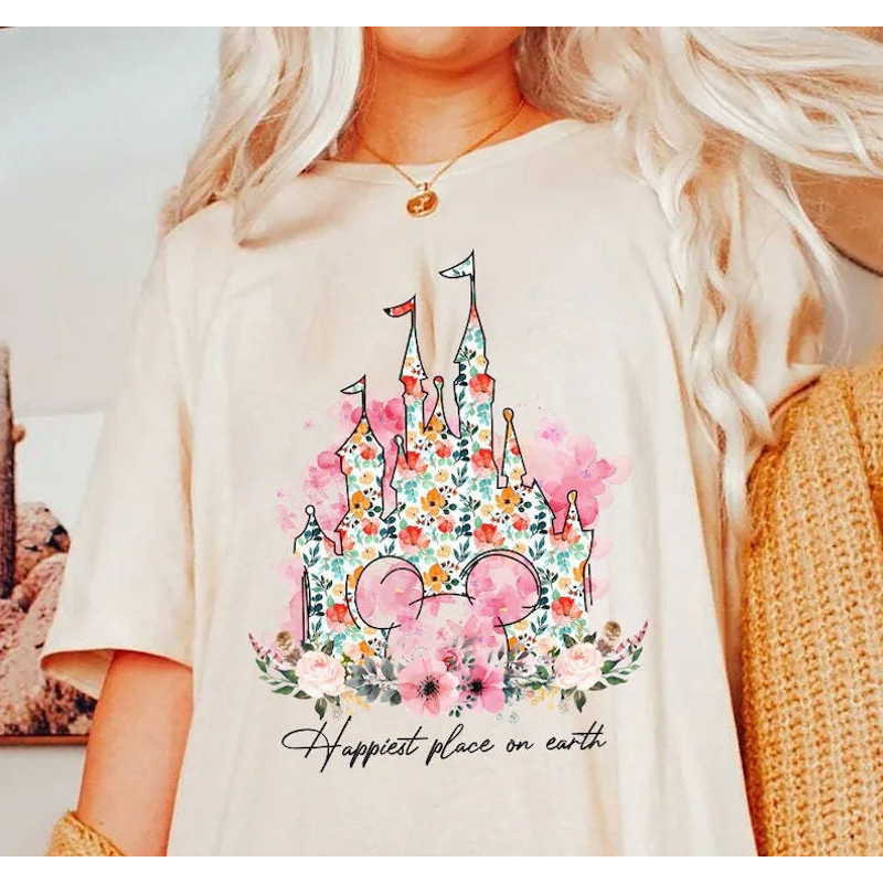 Happiest Place on Earth Tshirt, Castle Floral Tshirt, Vintage Floral spring castle Tshirt, Magic Castle Tshirt, Disney Tshirt, Mickey Magic.jpg