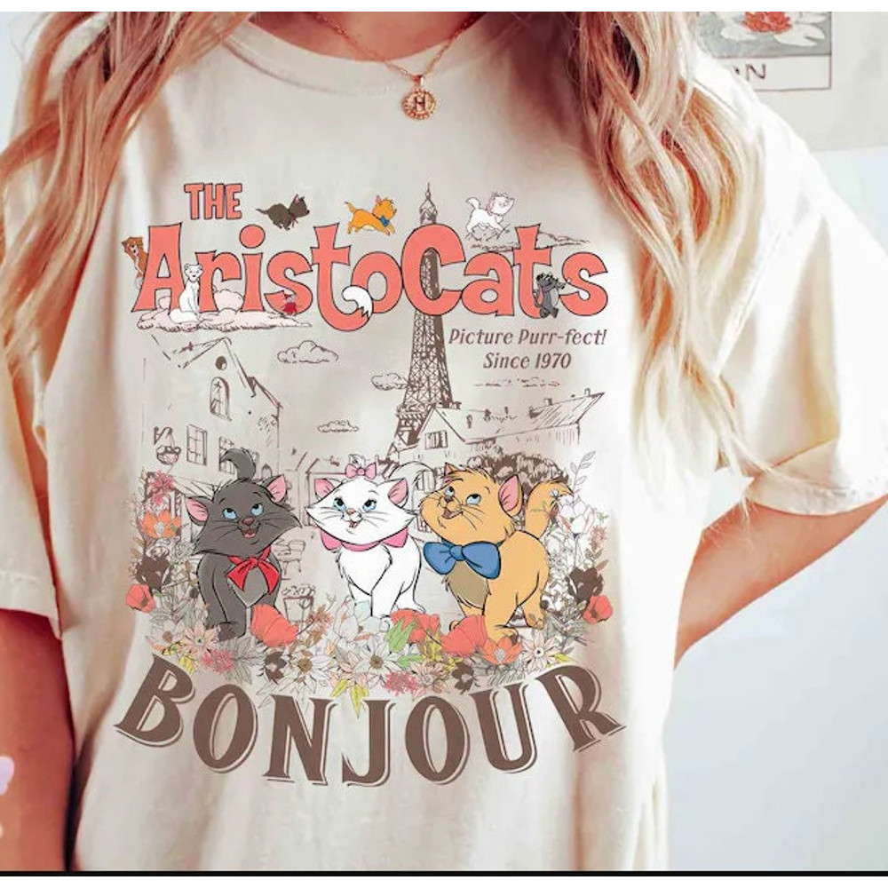 Retro The Aristocats Bonjour Floral T-shirt, Vintage Disney Everybody Wants To Be A Cat Tee, Disneyland Family 2024 Vacation Trip.jpg