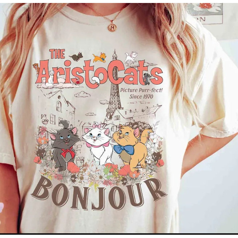 Retro The Aristocats Bonjour Floral T-shirt, Vintage Disney Everybody Wants To Be A Cat Tee, Disneyland Family 2024 Vacation Trip.jpg
