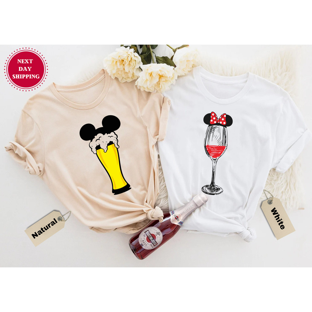 Minnie Wine Glass Mickey Beer Glass Unisex T-Shirt, Disney Matching Couple Shirts, Minnie And Mickey Matching T-Shirts, Epcot Disney T-Shirt.jpg