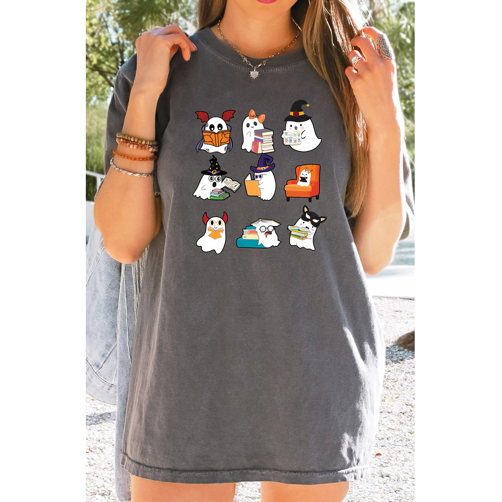 Comfort Colors Ghost Reading Shirt, Teacher Halloween Shirt, Librarian Shirt, Book Lover shirt, Reading Shirt, Halloween Teacher Shirt.jpg