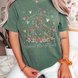 comfort colors happiest place on earth shirt, disney castle floral shirt, vintage disney shirt, disney ear shirt, magica