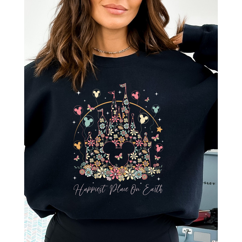 Happiest Place on Earth Sweatshirt, Disney Castle Floral Sweater, Disney Ear Shirt, Disney Family Vacation, Magic Kingdom Shirt Sweater.jpg