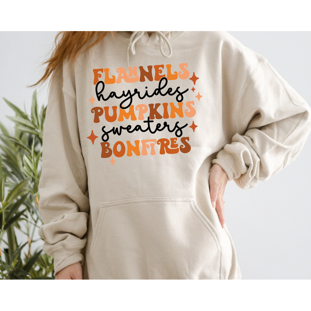 Flannels Hayrides Pumpkins Sweaters Bonfires Sweatshirt,Retro Boho Fall Sweater,Autumn Sweater,Camping Thanksgiving Holidays,Cozy Fall Gifts.jpg