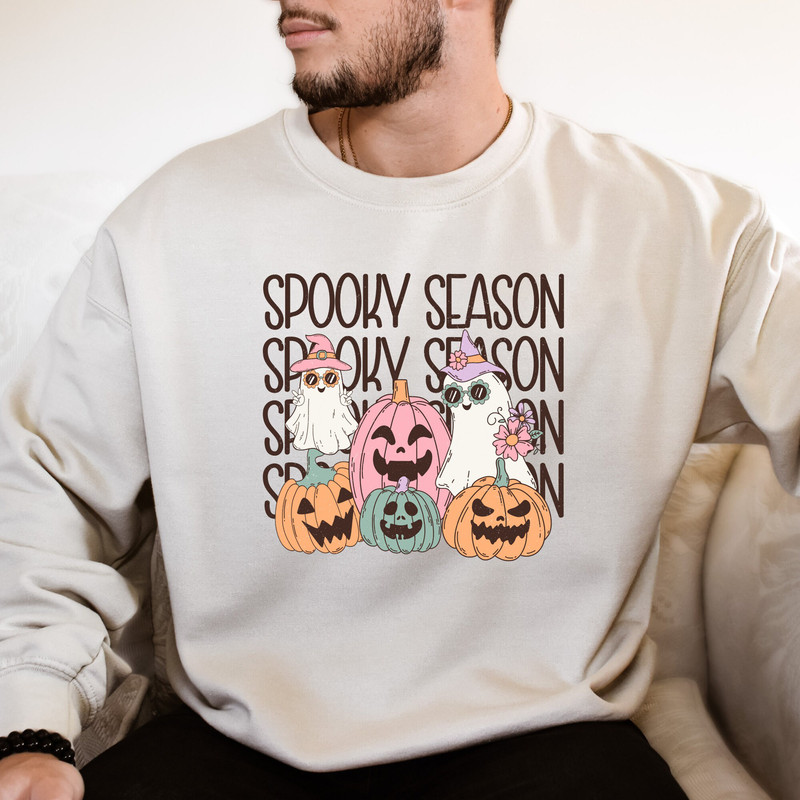Retro Spooky Season Sweat with Ghost & Pumpkin Design, Halloween Party Sweat, Cute Gift for Halloween Lovers.jpg