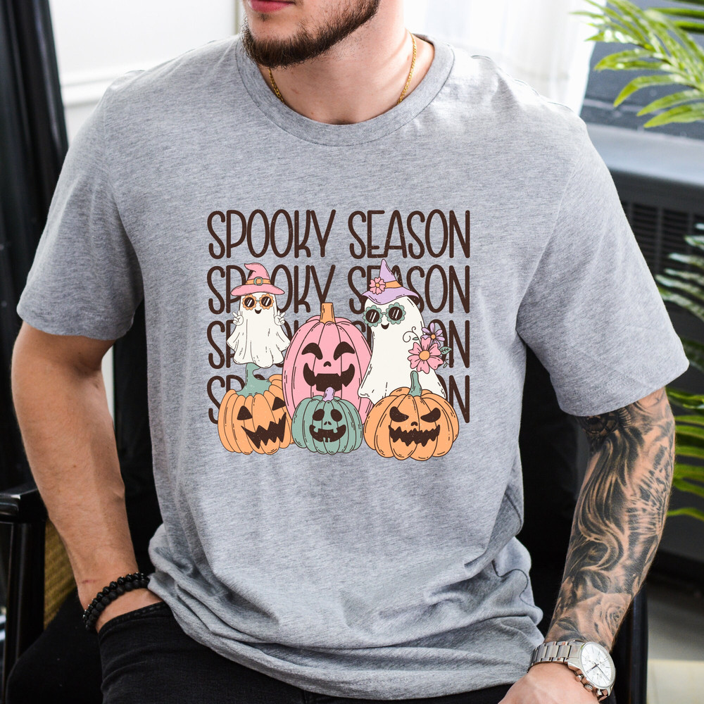 Retro Spooky Season Tee with Ghost & Pumpkin Design, Halloween Party Shirt, Cute Gift for Halloween Lovers.jpg