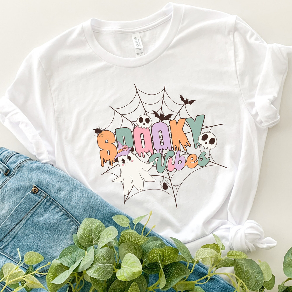 Spider Web Spooky Vibes Tee, Cute Ghost & Creatures Design, Bats and Spider Halloween Shirt, Unique Spooky Themed Top.jpg
