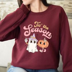 Tis The Season Retro Ghost  Floral Sweat, Cute Halloween  Fall Party Sweat for Autumn Vibes