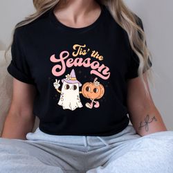 tis the season retro ghost floral tee, cute halloween fall party shirt for autumn vibes