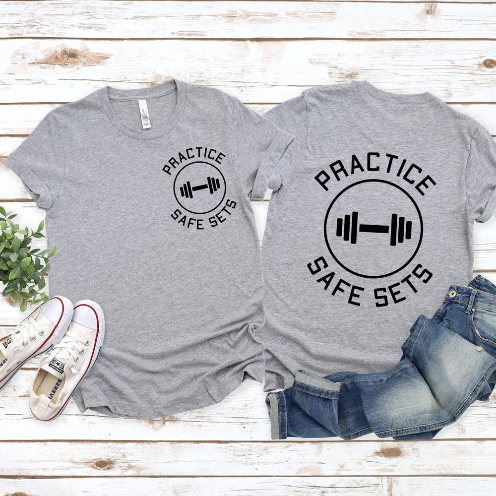 Workout tee, Gym Lifting shirt, Workout Pun Shirt, Funny Gym t-shirt, Practice Safe Sets, Cute Gym Shirt, Motivation Dumbell tee.jpg