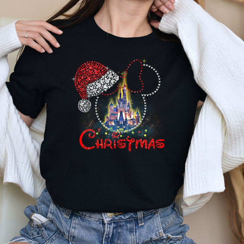 Merry And Bright Glitter Christmas Lights, Disney Castle Christmas Holiday Shirt, Disney Family Vacation Shirt, Mickey Tee, Disney Trip Tee,.jpg