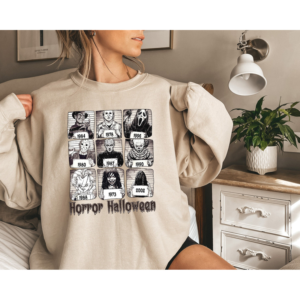 Horror Halloween Movie Characters Mugshots Sweatshirt, Halloween Gifts, Scary Halloween Ghostface Shirt, Spooky Vibes Halloween Sweatshirts.jpg