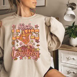 kick leaves cowboy sweatshirt, western fall shirt, fall woman crewneck, autumn shirt, retro fall cowboy boots shirt, fal