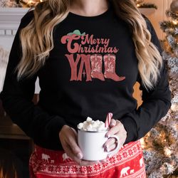 Merry Christmas Yall Cowgirl Sweatshirt, Western Christmas Sweater, Christmas Gifts, Christmas Women Crewneck, Retro Chr