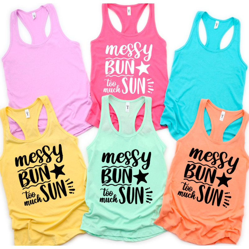 Messy Bun Too Much Sun Cotton Tee, Summer T-shirt, Shirts for Women, Cruise Gifts, Vacay Mode, Beach Lovers Gift.jpg
