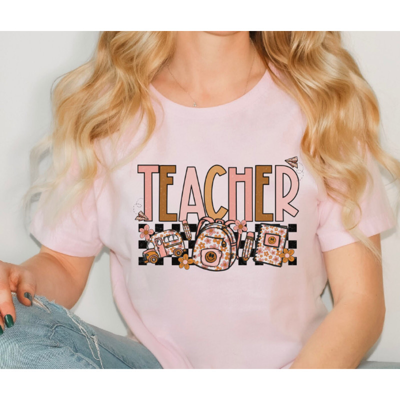 Retro Teacher Life Shirt, Teacher Appreciation Tee, Boho Floral Teacher Shirt, Checkered Teacher Shirt, Gift For Teacher, Teacher Sweatshirt.jpg