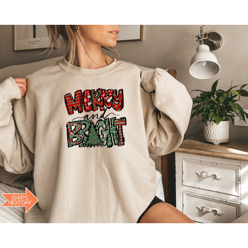 Merry and Bright Christmas Sweatshirt, Christmas Sweatshirt, Holiday Sweater, Womens Holiday Sweatshirt, Christmas Shirt, Winter Shirt.jpg