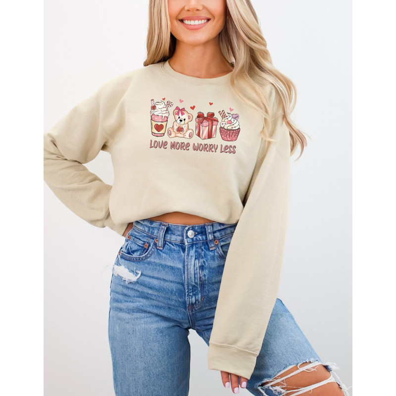 Teddy Bear Crewneck, Love More Worry Less, Valentine Sweater ,Girl Valentine Sweatshirt ,Valentine's Day Gift, Ice Coffee Sweatshirt.jpg