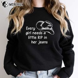 every girl needs a little rip in her jeans rip t shirt yellowstone - happy place for music lovers