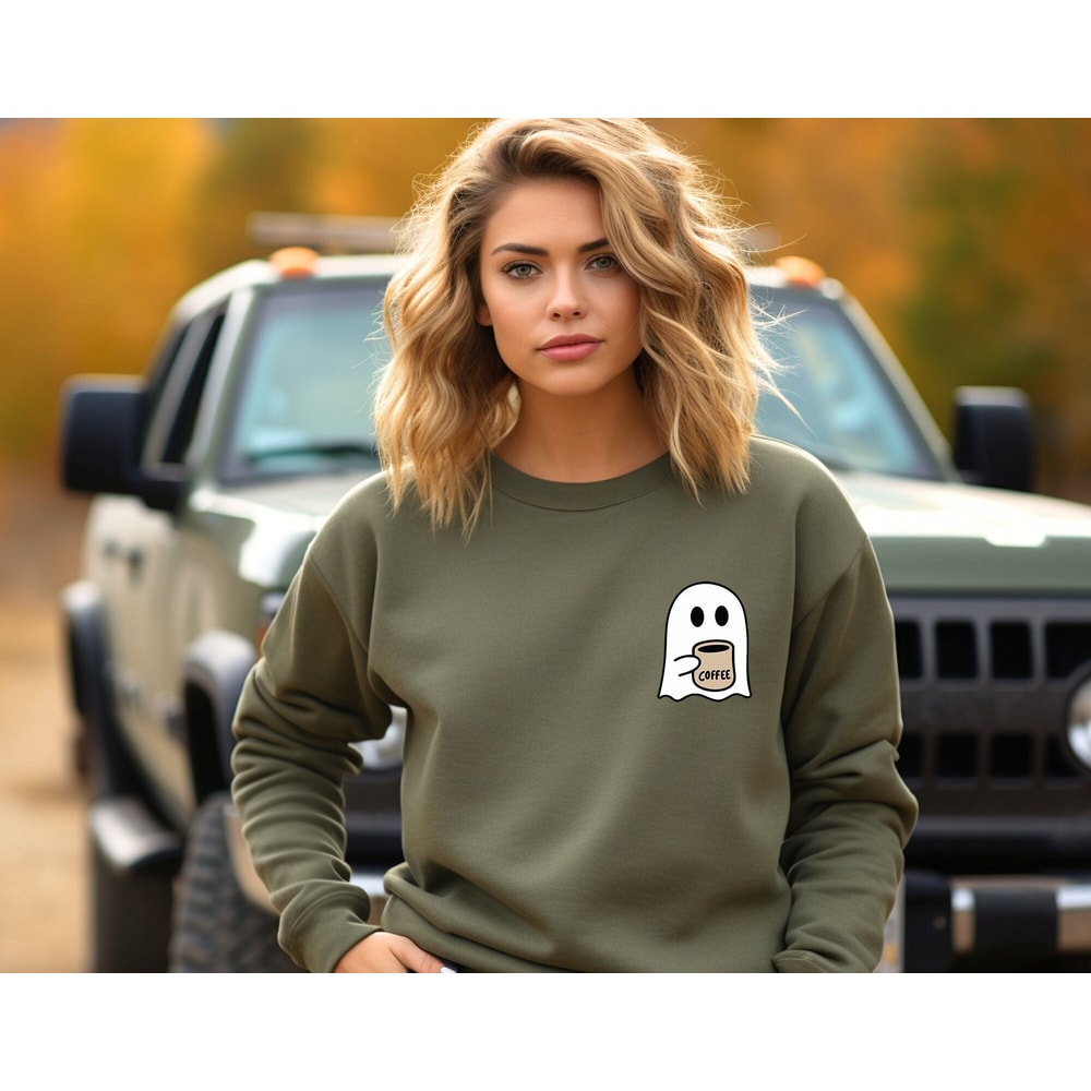 Cute Spooky Coffee Sweatshirt, Womens Ghost Sweatshirt, Spooky Season, Fall Coffee Lover Shirt, Halloween Party Shirt, Fall Graphic Shirt.jpg