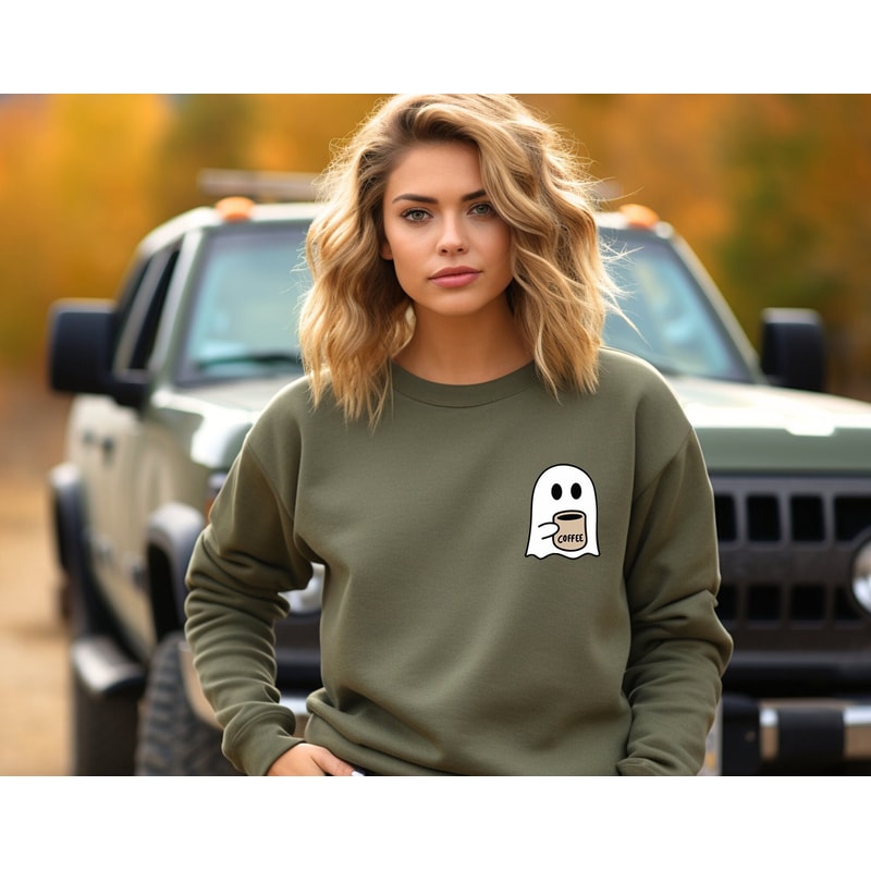 Cute Spooky Coffee Sweatshirt, Womens Ghost Sweatshirt, Spooky Season, Fall Coffee Lover Shirt, Halloween Party Shirt, Fall Graphic Shirt.jpg