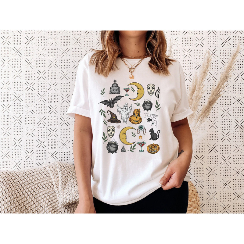 Halloween Doodles, Vintage Halloween Shirt, Cute Halloween Theme Shirt For Women, Fall Apparel, Witchy Clothes Fall T-Shirt, Ghost Halloween.jpg
