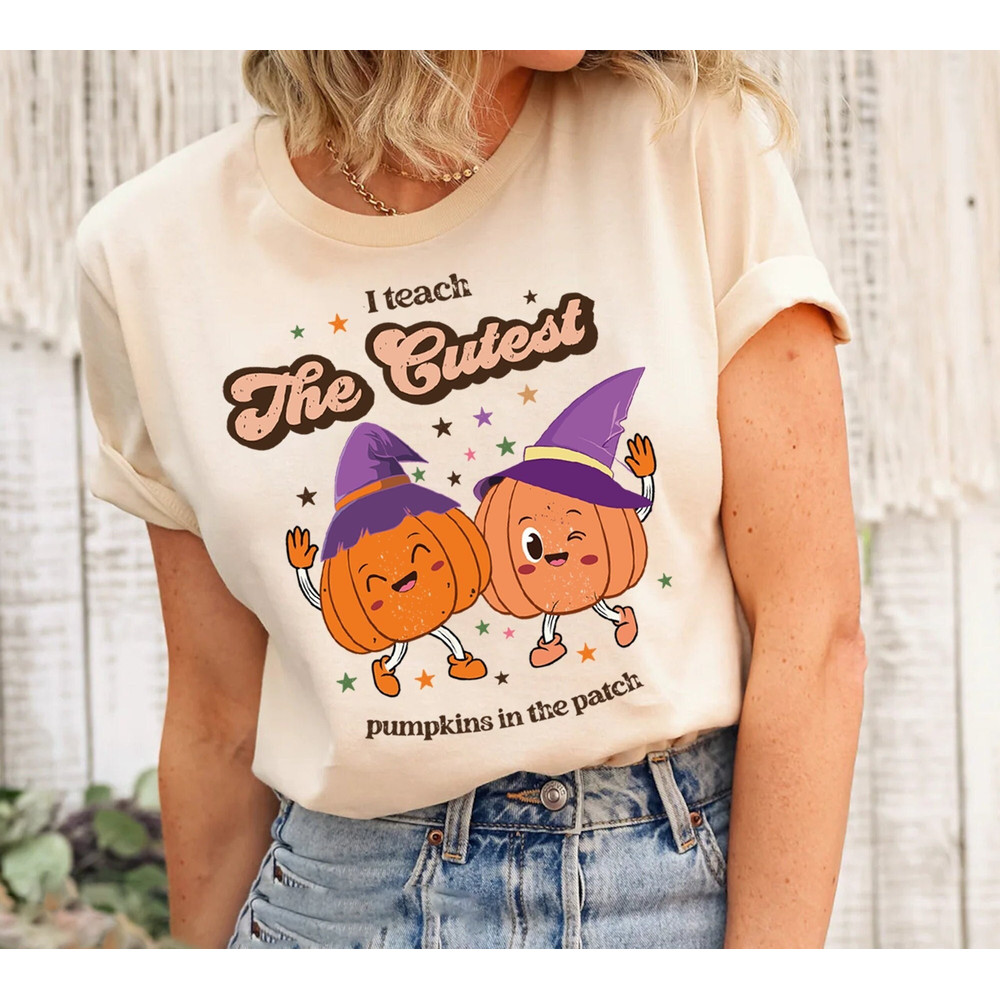 I Teach The Cutest Pumpkins In The Entire Patch Shirt, Retro Halloween Teacher Tee, Spooky Season Costume , Boho Witch Tee, Autumn Fall Gift.jpg
