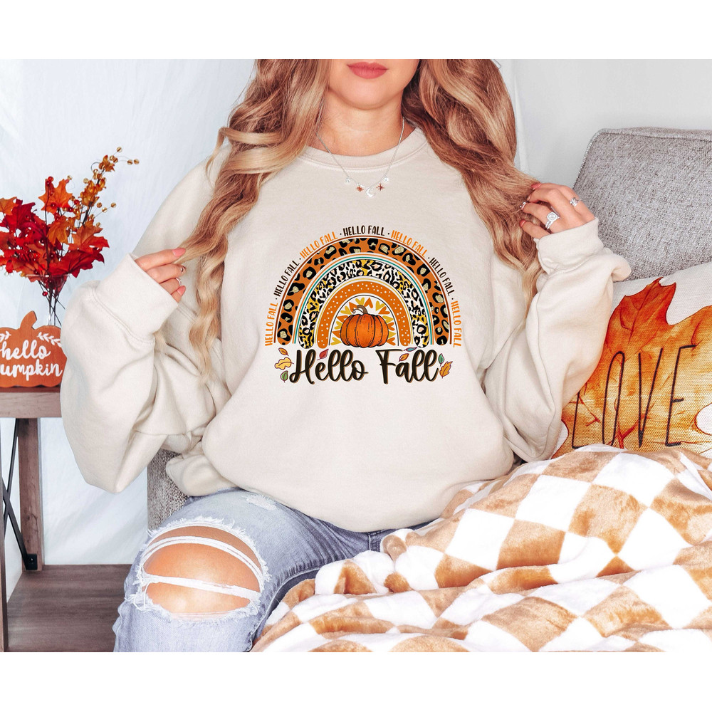 Hello Fall Pumpkin T-Shirt, Rainbow Fall Shirt, Leopard Thanksgiving Shirt, Fall Shirts for Women, Fall Rainbow Shirt, Fall Vacation Shirt.jpg
