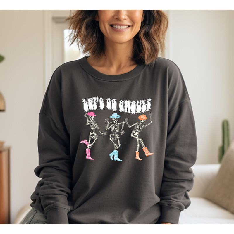 Comfort Colors® Dancing Skeleton Ghost Sweatshirt, Let's Go Ghouls Sweatshirt, Halloween Costume, Skeleton Sweatshirt, Halloween Sweatshirt.jpg