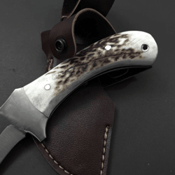 handmade deer antler hunting knife | 9" full tang 4116 stainless steel blade + leather sheath | outdoor bushcraft & gift