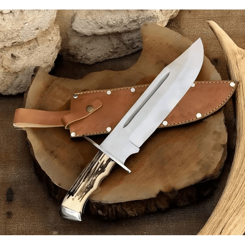FrontierStyle D2 Steel Bowie Knife 15 Stag Horn Handle Hunting Blade Leather Sheath Handmade Out 0