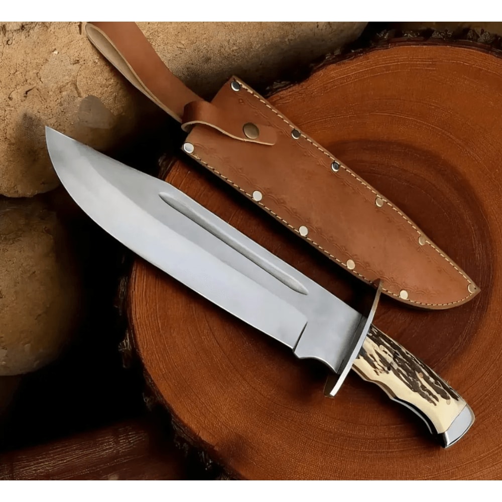 FrontierStyle D2 Steel Bowie Knife 15 Stag Horn Handle Hunting Blade Leather Sheath Handmade Out 1