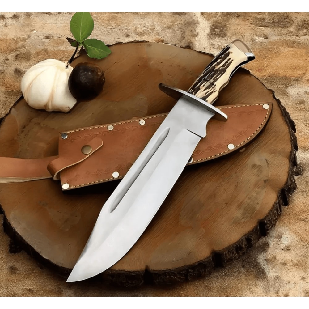 FrontierStyle D2 Steel Bowie Knife 15 Stag Horn Handle Hunting Blade Leather Sheath Handmade Out 2